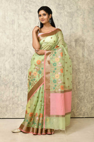 Pista Green Cotton Kota Check Banarasi Handloom Saree With