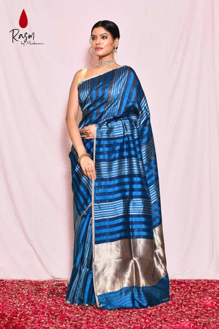 Rangkat Pure Kora Organza Banarasi Handloom Silk Saree With Modern Contemporary Striped Body