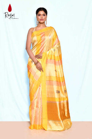 Yellow Pure Katan Silk Silk Banarasi Handloom Saree