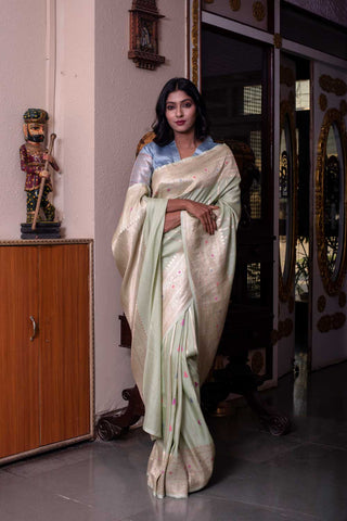 Pista- Green Pure Tussar Georgette Banarasi handloom silk saree with stripe-patterned body- Kadhua boota and Meenakari border