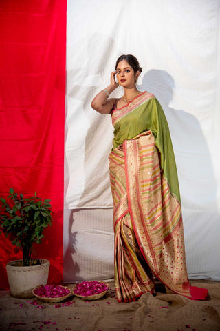 Multi Rangkat Pure Tussar Georgette Silk Banarasi Handloom Saree with a modern contemporary body and Meenakari border.