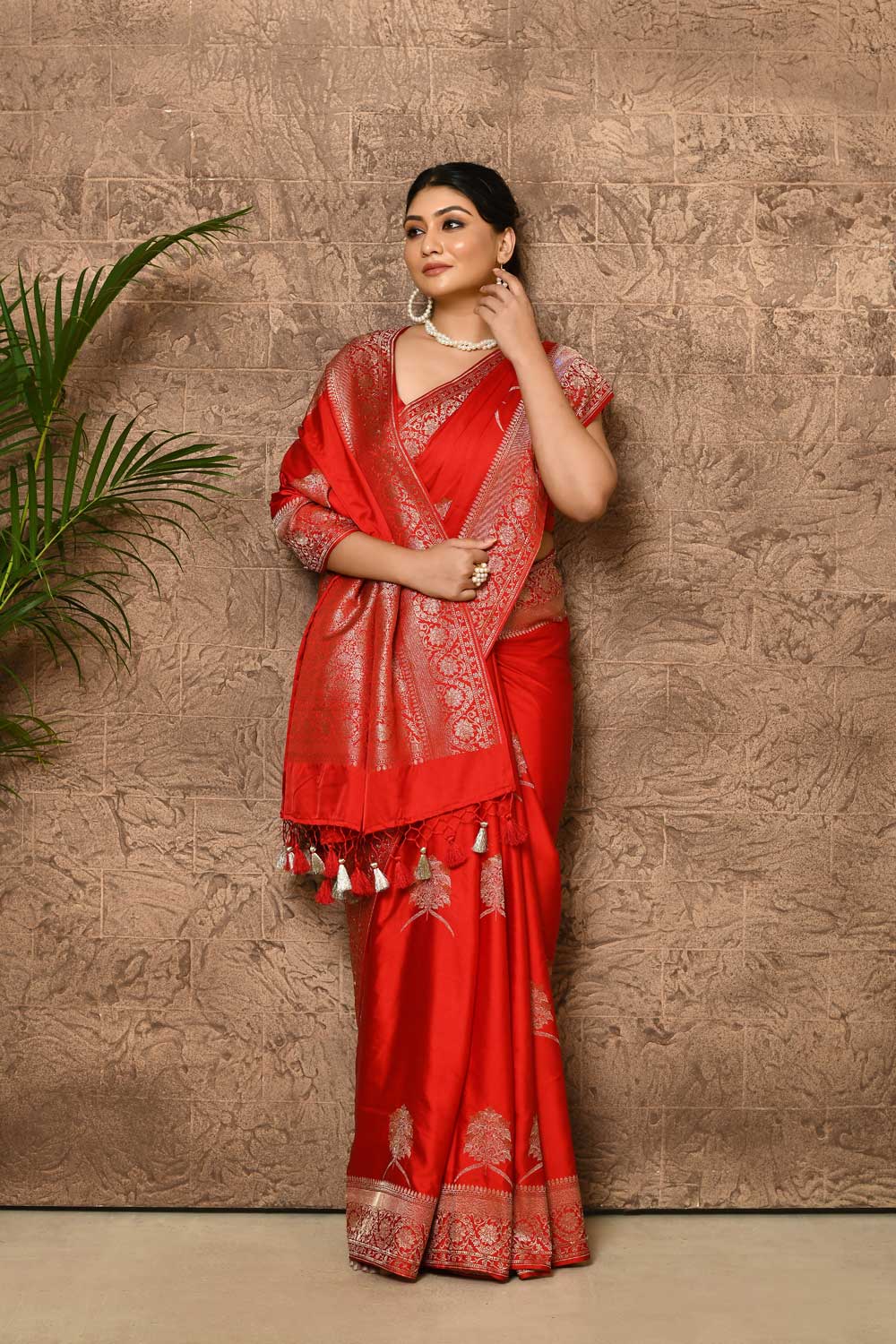 Red mushru satin banarasi handloom saree with meena boota