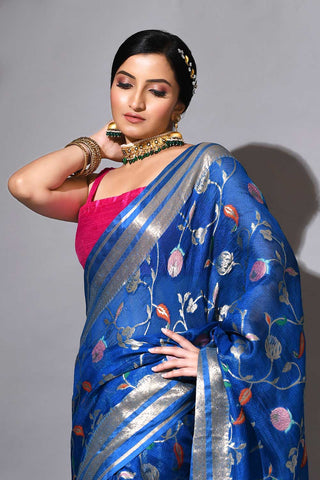 Royal Blue Pure Kota Check Banarasi Handloom Saree With Meenakari Jaal