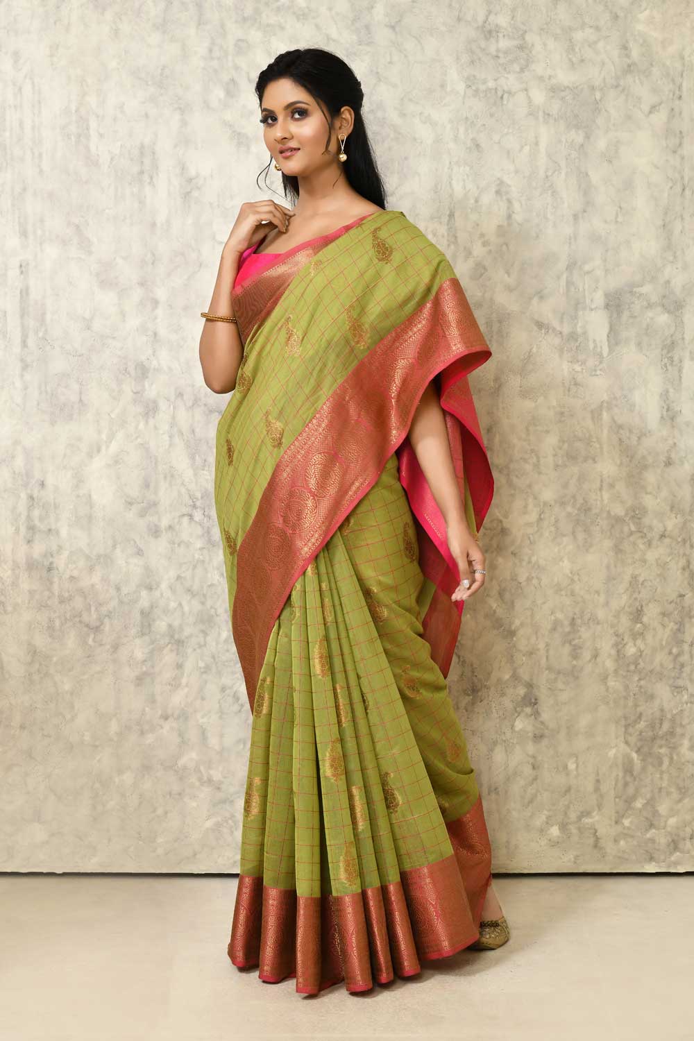 Leaf Green Pure Cotton Silk Banaras Handloom Saree