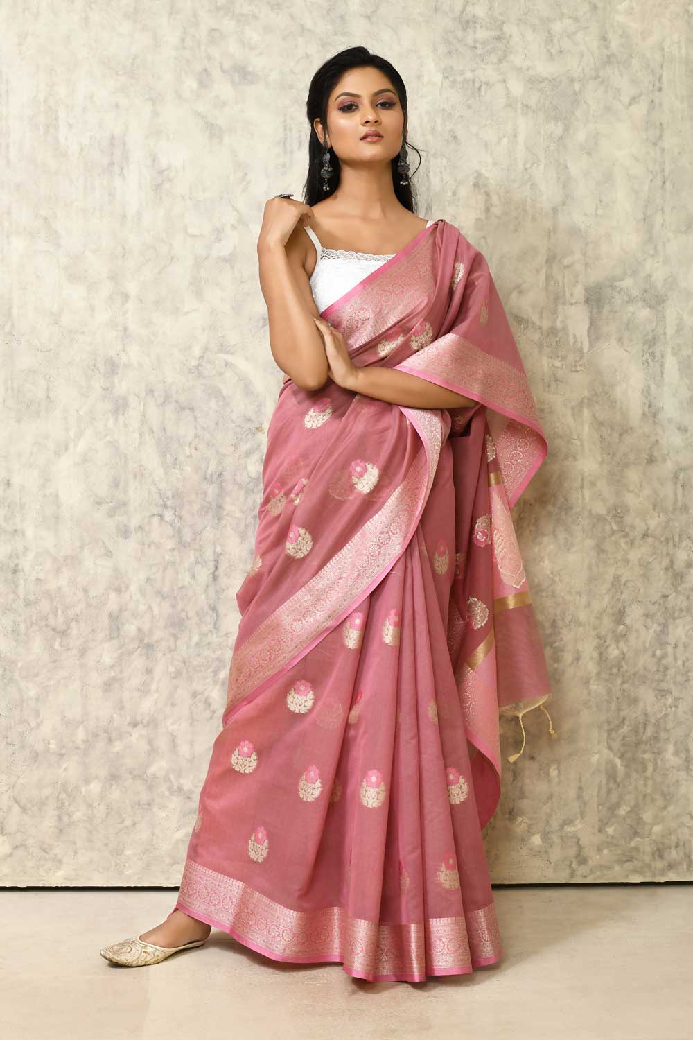 Rose Gold Pure Cotton Silk Banaras Handloom Saree