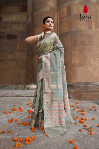 Powder Blue Pure Kora Tissue Banarasi Handloom Saree With Meenakari Boota And Border