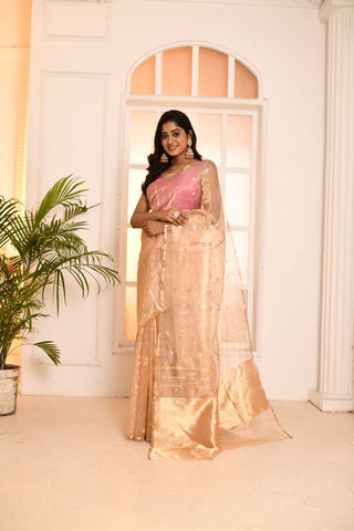 GOLD' Pure Kora Silk Tissue Banarasi Handloom Saree