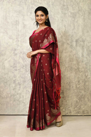 Deep Maroon Cotton Linen Banarasi Handloom Saree