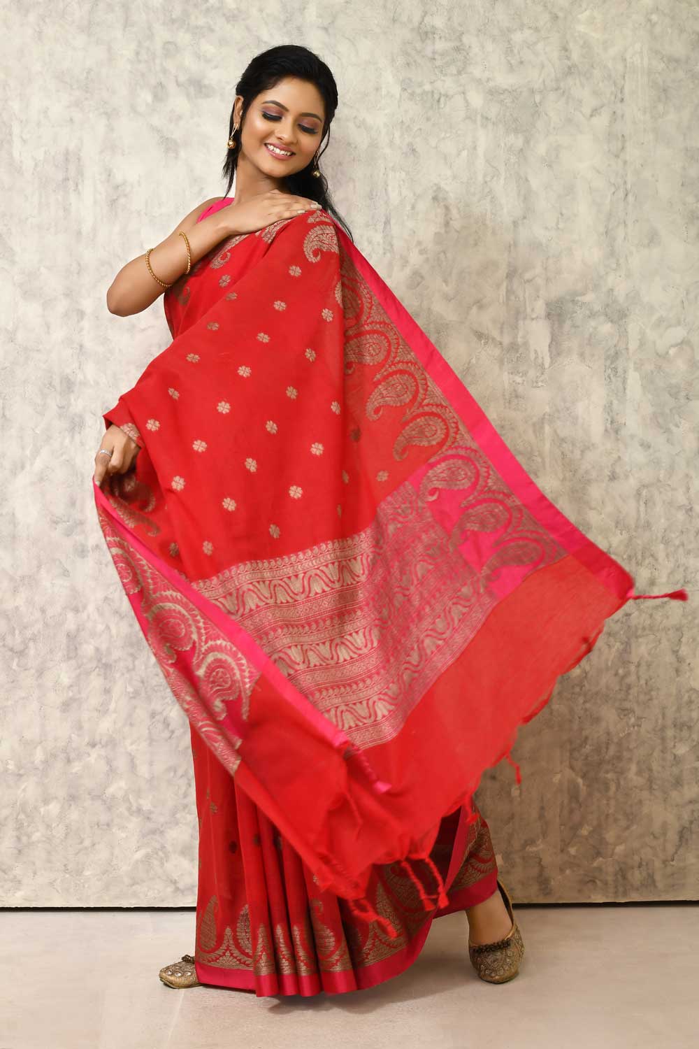 Blood Red Cotton Linen Banarasi Handloom Saree