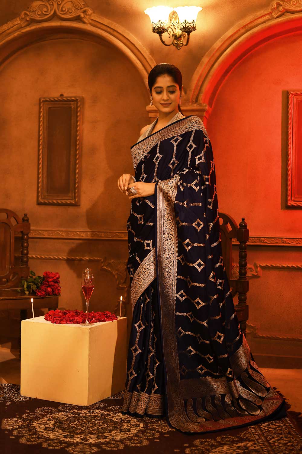 Navy Blue Mushru Satin Banarasi Handloom Saree