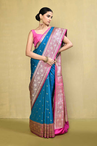 Blue and Pink Banarasi Handloom Saree with Contrast Border
