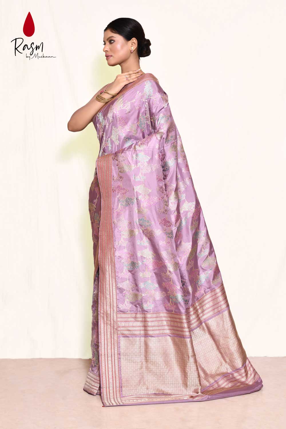 Lilac Pure Katan Silk Banarasi Handloom Saree Kadhua Jangla With Meenakari
