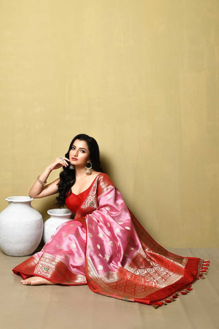 Pink Pure Resham Dupion Silk Banaras Handloom Saree With Handwoven Boota And Meenakari Border