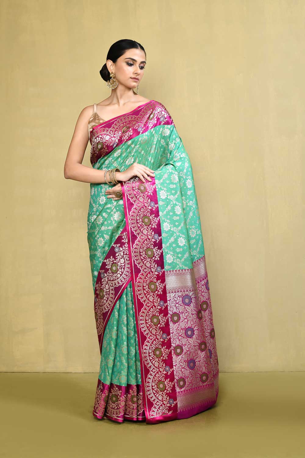 Mint Green - Magenta Banarasi Handloom saree with Contrast Meenakari Border