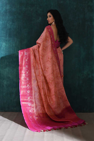 Peach-pink Pure Katan Dupion Silk Banarasi Handloom Saree With Meenakari Border