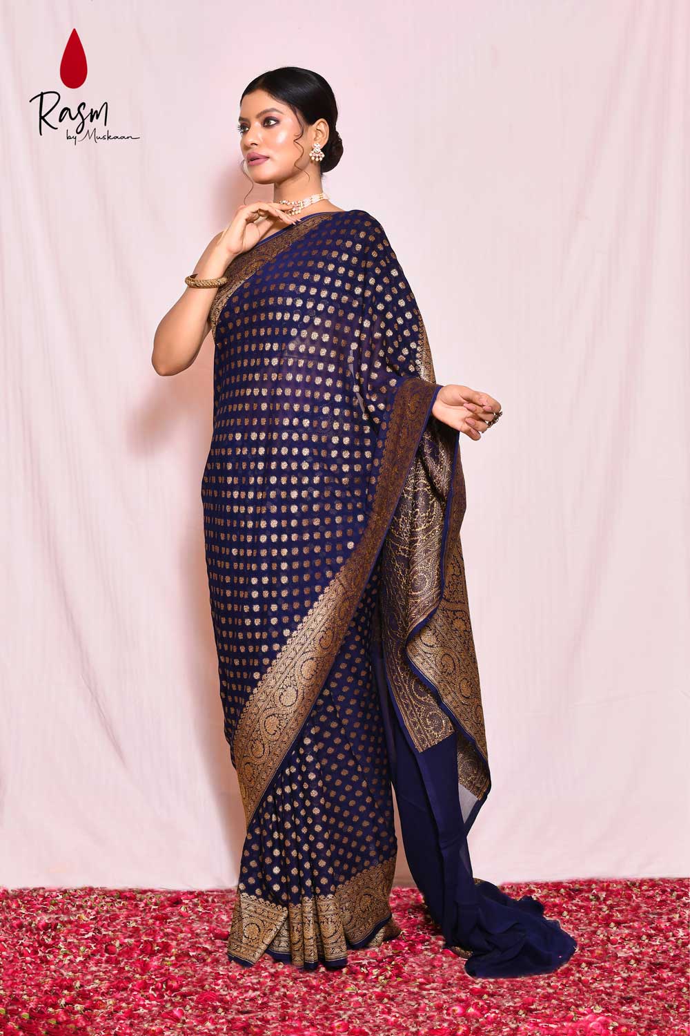Navy Blue Pure Khaddi Georgette Silk Banarasi Handloom Saree With Antique Zari Booti