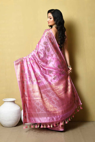 Pink Pure Katan Dupion Silk Banaras Handloom Saree With Meenakari Border
