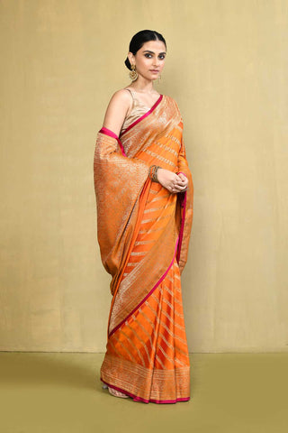Orange Banarasi Handloom Saree With contemporary adda stripe pattern Design