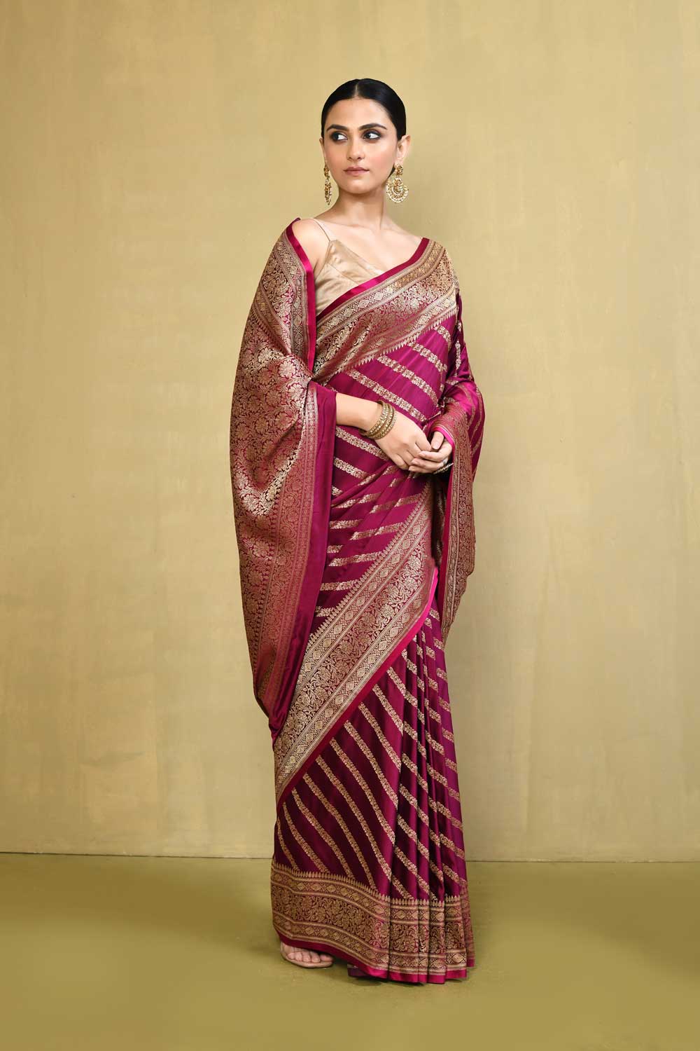 Magenta Pink Banarasi Handloom Saree With contemporary adda stripe pattern Design