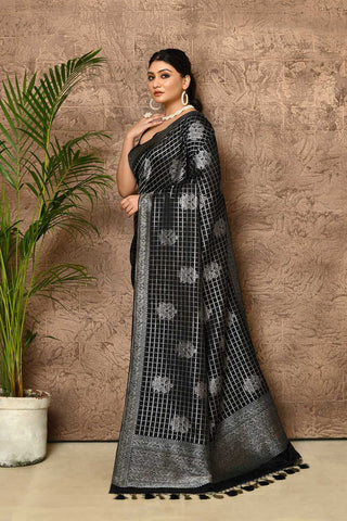 Black And Silver Mushru Satin Banarasi Handloom Saree