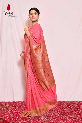 Pink Pure Khaddi Georgette Silk Banarasi Handloom Saree With Meenakari Boota