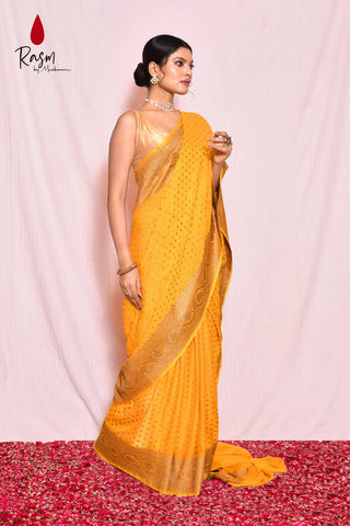 Mustard Pure Khaddi Georgette Silk Banarasi Handloom Saree With Antique Boota