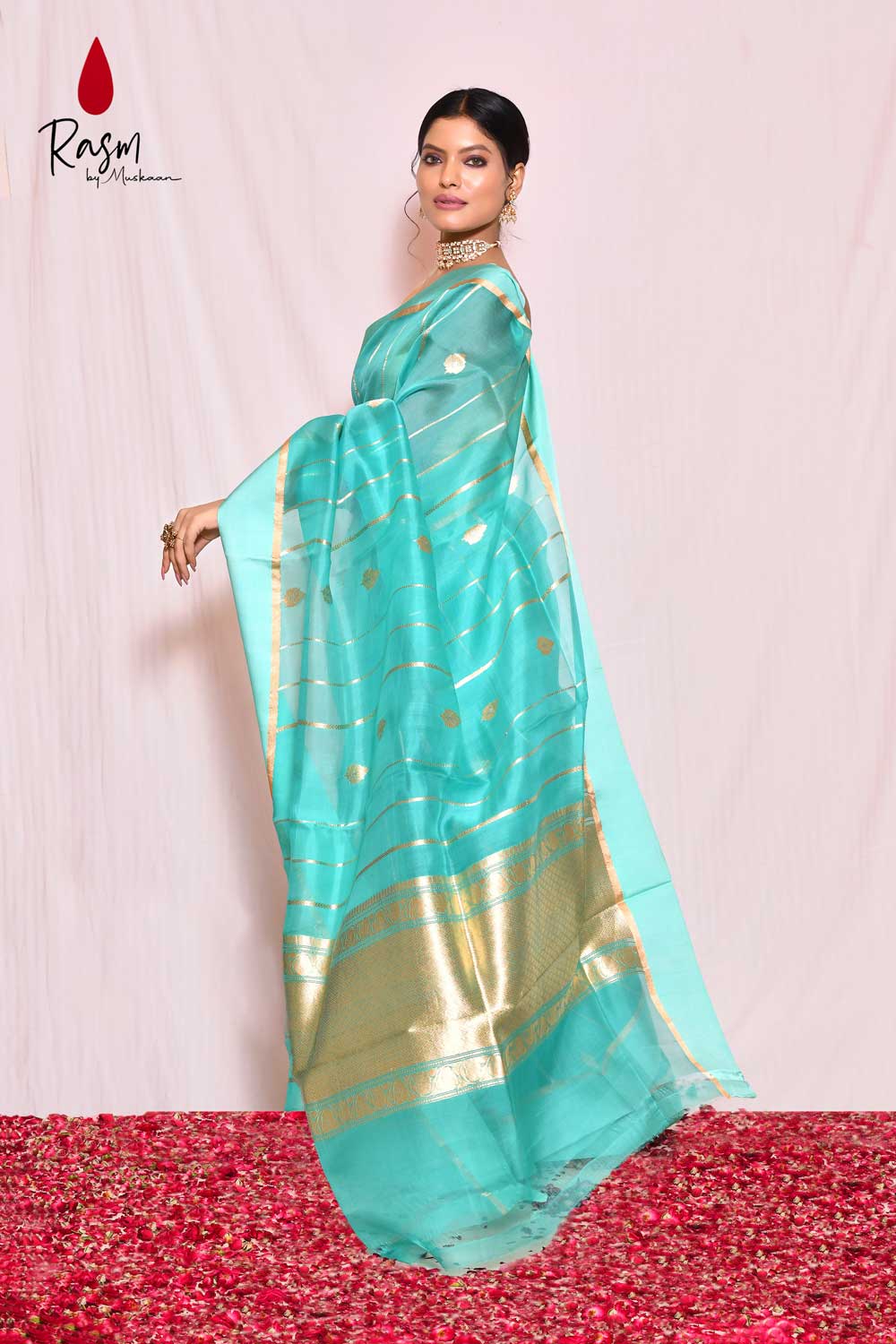 Tourquoise Pure Kora Organza Banarasi Handloom Silk Saree With Golden Striped Body And Kadhua Boota In Gold Zari With Silver Meenakari