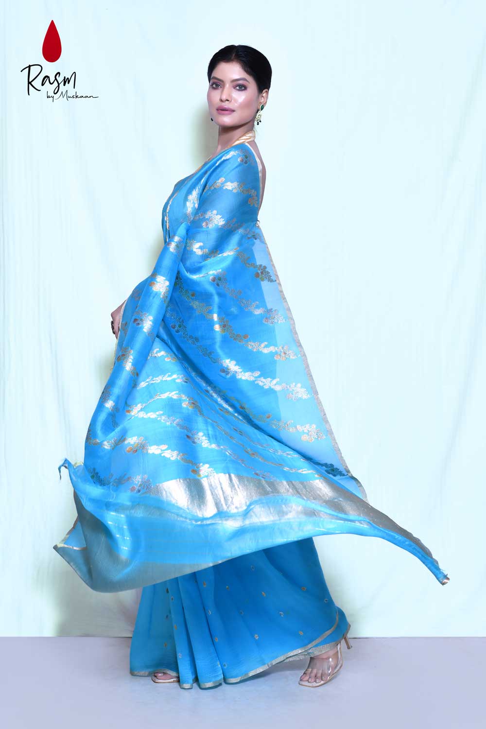 Blue Pure Kora Organza Banarasi Handloom Silk Saree With Modern Contemporary Body In Gold And Silver Zari And Meenakari Work