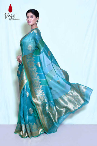 Rangkat Pure Kora Organza Banarasi Handloom Silk Saree With Modern Contemporary Body And Meenakari Border
