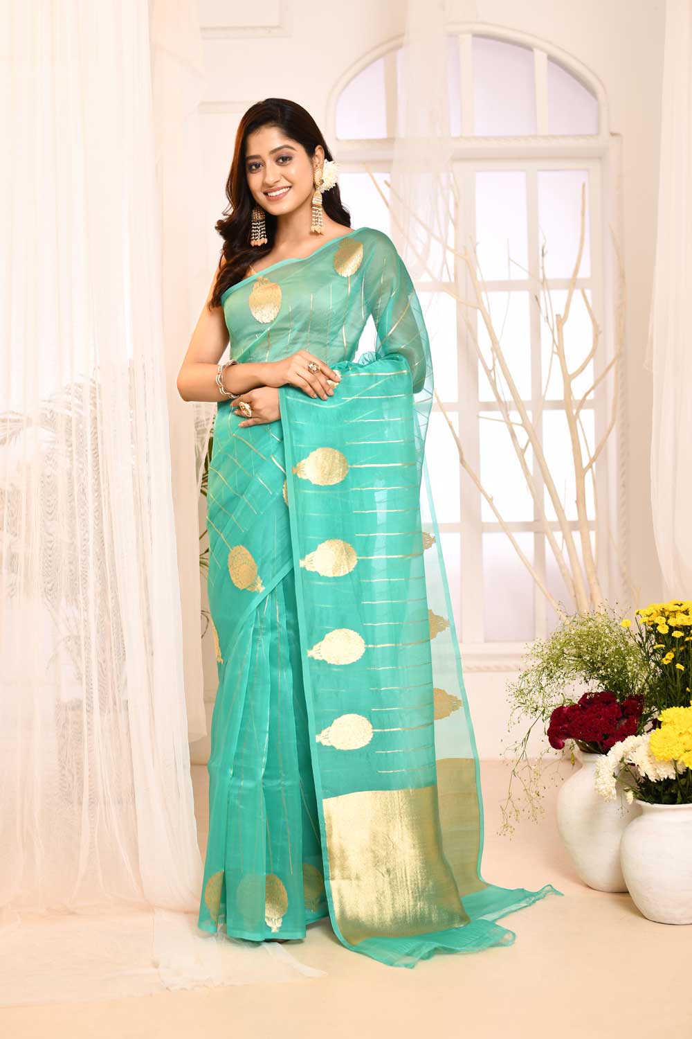 Turquoise Pure Kora Organza Banarasi Handloom Silk Saree