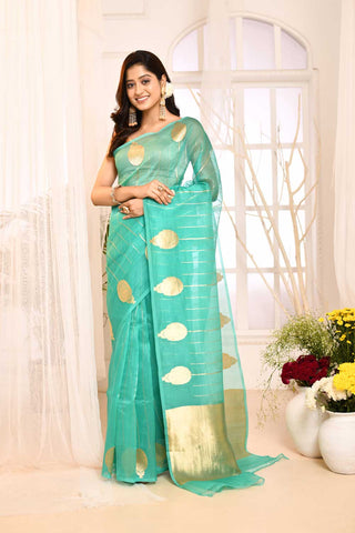 Turquoise Pure Kora Organza Silk Saree with blouse