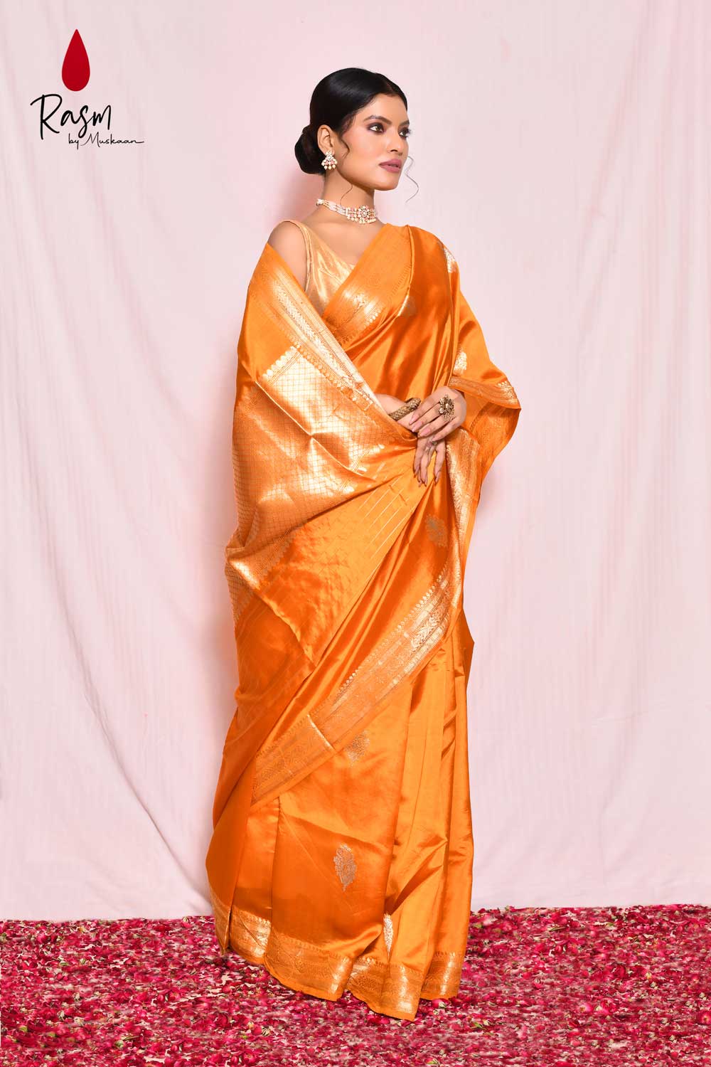 Orange Pure Katan Silk Silk Banarasi Handloom Saree