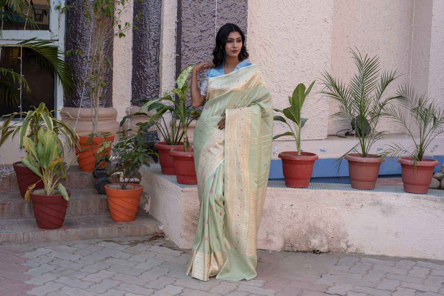 Pista- Green Pure Tussar Georgette Banarasi handloom silk saree with stripe-patterned body- Kadhua boota and Meenakari border