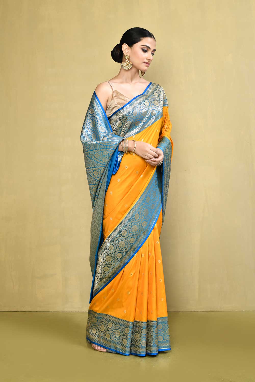 Yellow - Blue Banarasi Saree With Contrast Border