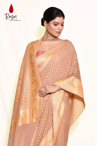 'Tussar' Pure Khaddi Georgette Silk Banarasi Handloom Saree In Gold Zari And Meenakari Border