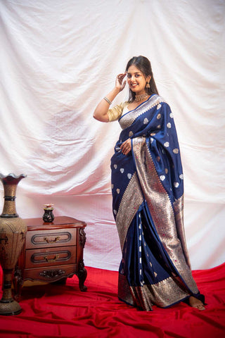 Navy Blue Pure Tussar Georgette Silk Banarasi Handloom Saree With Gold-silver Kadhua Boota And Meenakari Border