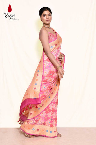 Pink 'rangkat' Pure Khaddi Georgette Silk Banarasi Handloom Saree With Meenakari Border