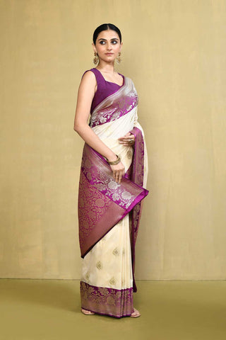 Off - white and Magenta Purple Banarasi Handloom Saree with Contrast Border