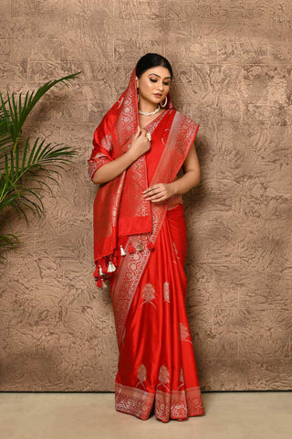 Red mushru satin banarasi handloom saree with meena boota
