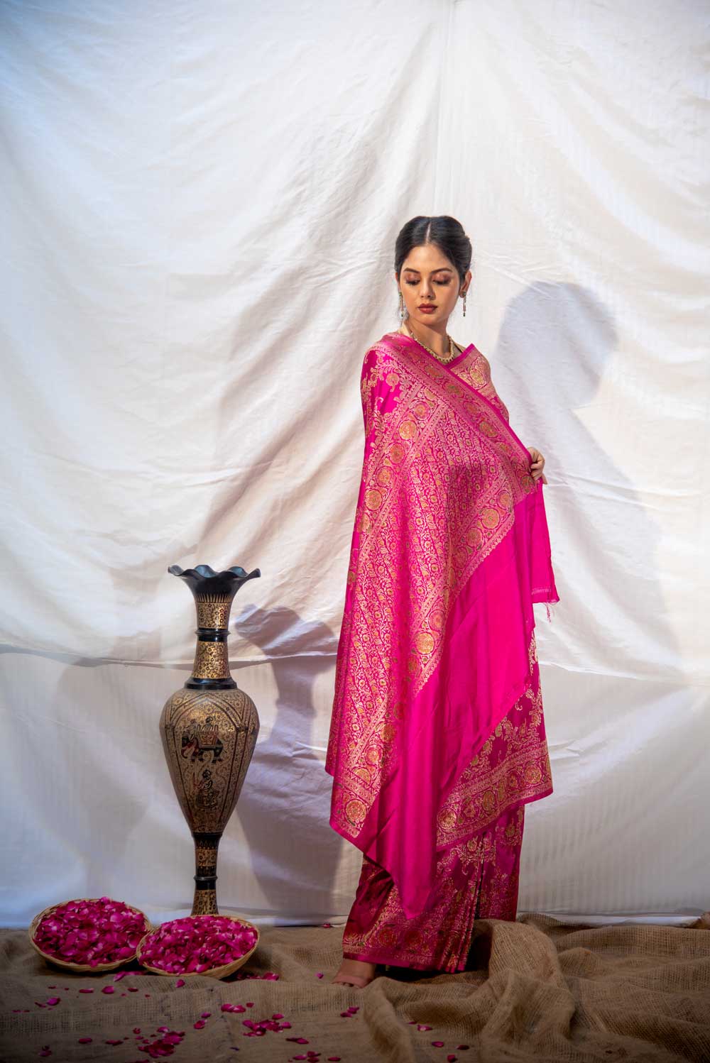 Light And Dark Pink Mushru Satin Banarasi Handloom Saree With Meenakari