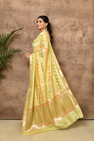 Rangkat  Pure Katan Chiniya Silk Banarasi Handloom Saree With Zig Zag Chevron Body And Floral Border
