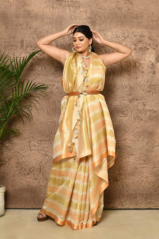 Rangkat Pure Katan Chiniya Silk Banarasi Handloom Saree With Multi Striped Body And Bordrr