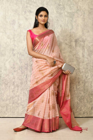 Off White- Pink Silk Cotton Banarasi Handloom Saree With Handwoven Gold Zari Boota