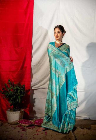 Handloom Light And Dark Blue Mushru Satin Banarasi Saree With Adda Tanchoi Meenakari