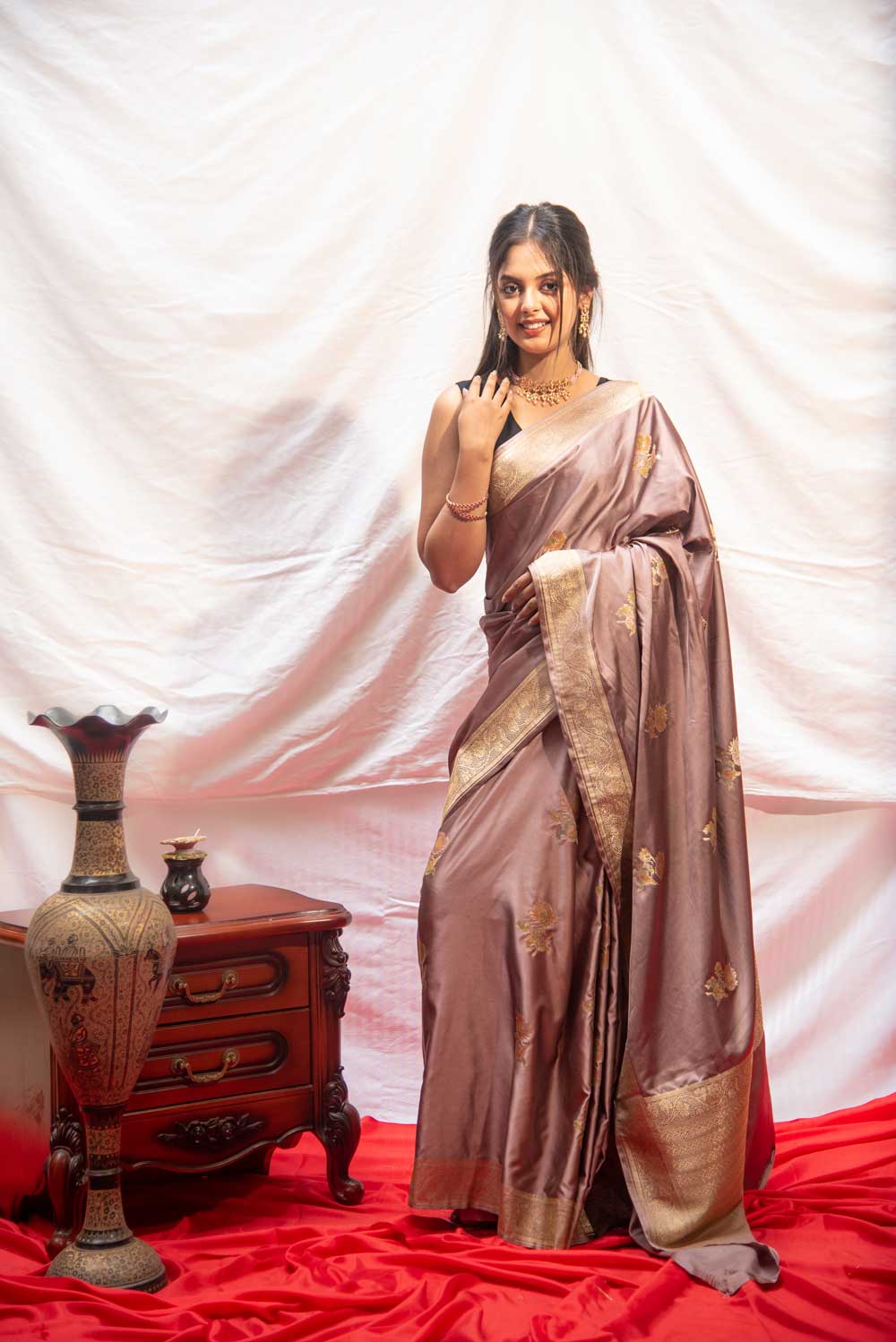 Nude Brown Mushru Satin Banarasi Handloom Saree With Meenakari Boota