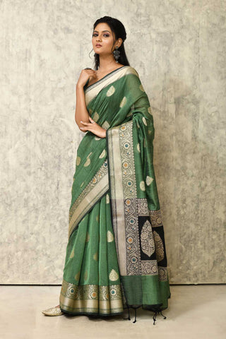 Moss Green Pure Cotton Silk Banarasi Handloom Saree With Meenakari Border