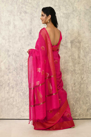 Rani Pink Pure Cotton Silk Banarasi Handloom Saree With Handwoven Meenakari Boota