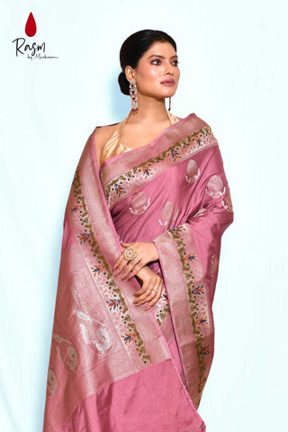 Rose Gold Pink Mushru Satin Banarasi Handloom Saree With Gold And Silver Boota And Meenakari Border