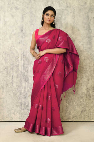 Cherry Red Pure Cotton Silk Banarasi Handloom Saree With Handwoven Meenakari Boota