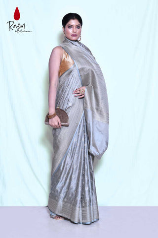 Grey Mushru Satin Banarasi Handloom Saree With Tachoi Weave And Silver Booti